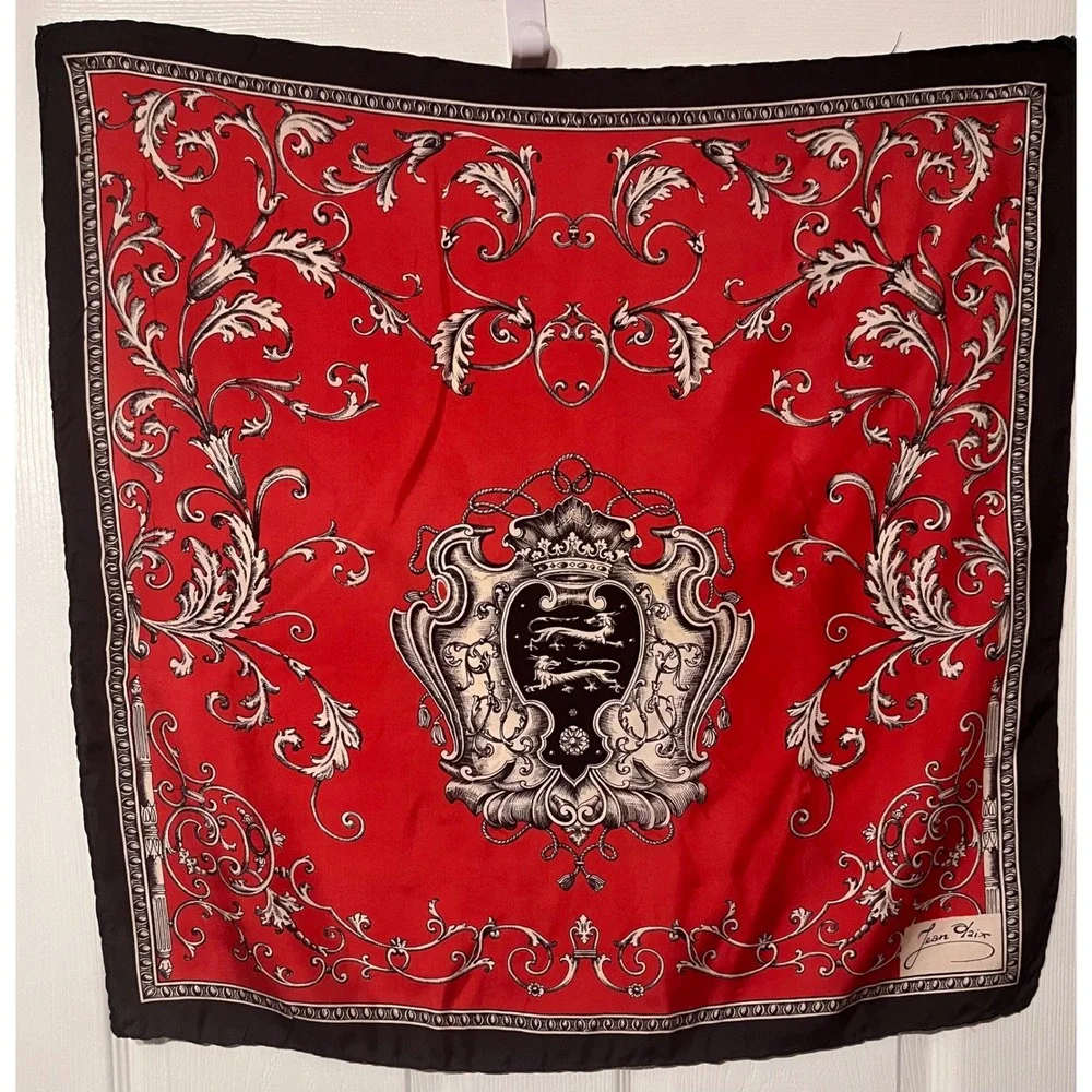 Jean Daix Vintage Silk Scarf Red Black White Heraldic Crest Lion Square 26x26